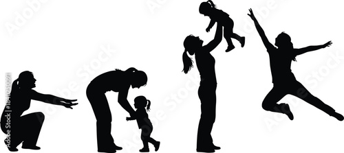 Mother and child silhouette illustration showing nurturing moments, playful interaction, lifting and embracing poses for family themes, parenting concepts, love, care, and emotional vector designs