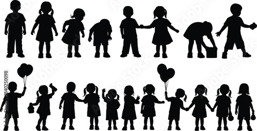 Children silhouette vector illustration showing playful kids standing, holding hands, balloons, and interacting in various poses for childhood themes, family concepts, and educational designs