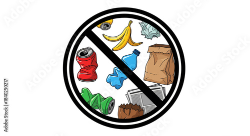 Prohibition Symbol Depicts Diverse Types of Refuse to Encourage Environment Protection