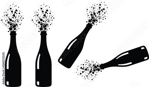 Champagne bottles popping, celebratory sparkling drink explosion illustration, festive party celebration elements for holiday events, luxury beverage concept, vector artwork for celebration themes