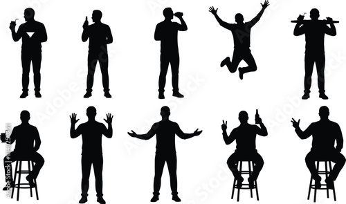 Male silhouette poses with drinks, standing and sitting figure collection, expressive gesture actions, casual lifestyle illustration for leisure concepts, character movement vector artwork