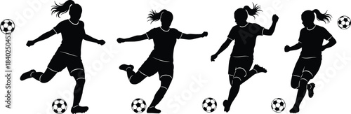 Female soccer player silhouettes, women athletes kicking ball, dynamic football action poses, sports training illustration for fitness concepts, competitive game movement vector artwork