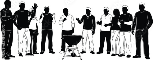Friends gathering silhouette illustration at outdoor barbecue, social event group scene, people enjoying cookout together, community celebration concept for lifestyle vector artwork
