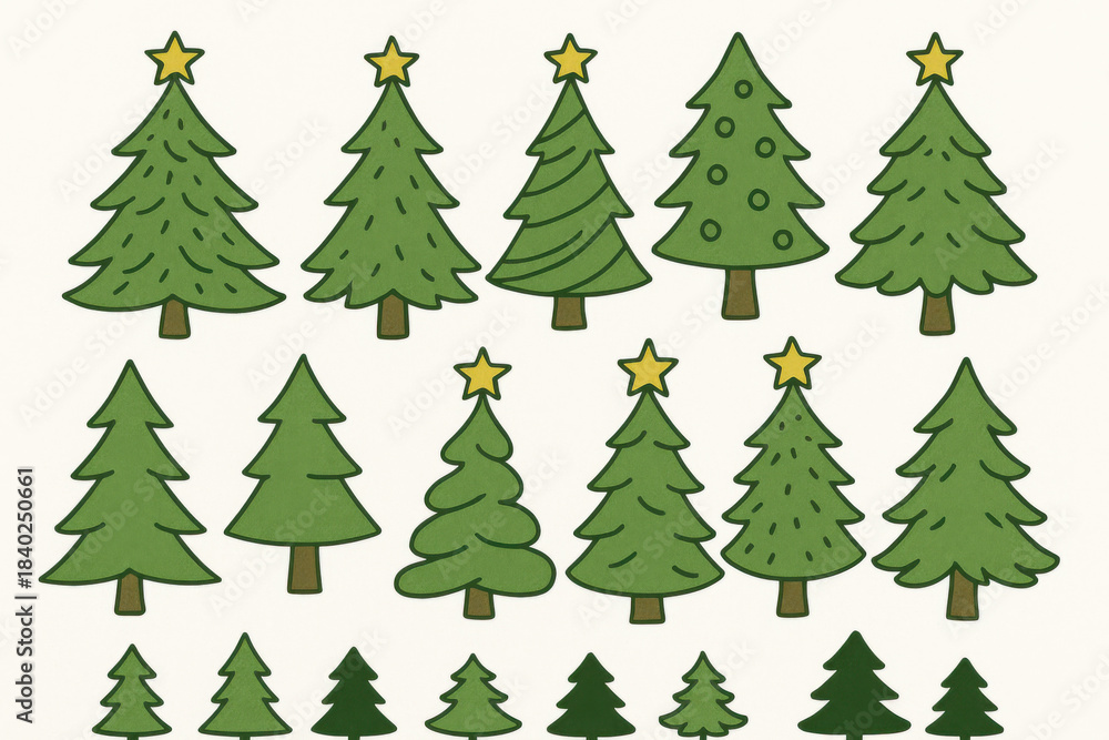 Fototapeta premium Christmas Tree drawing clipart set. Christmas tree flat icon hand drawn and doodle design clip art collection with green and yellow star decoration elements for December celebration vector