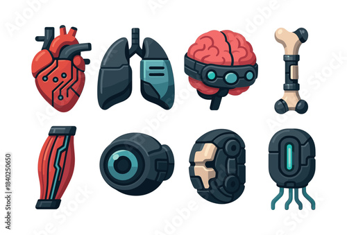 Futuristic organs and gadgets, flat vector illustration, sci-fi, cybernetic designs