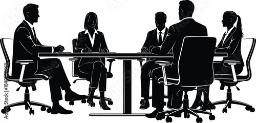 Business meeting silhouettes, corporate team discussion around conference table, professional office teamwork illustration, group collaboration concept for strategy planning, leadership, management 