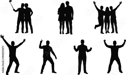 Silhouette people collection, group poses and joyful expressions, friends celebrating, dancing figures, selfie couple, teamwork concepts, happy crowd illustrations for creative vector designs