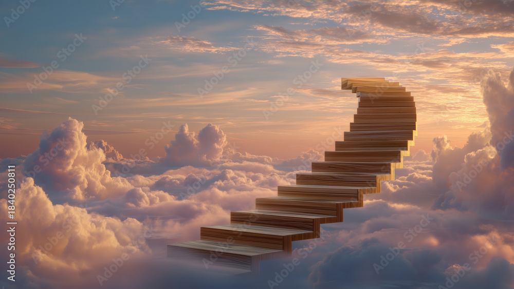 Obraz premium Surreal Wooden Stairway Rising Above Pink Clouds at Sunset Sky