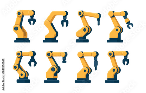Robot arm collection, robotic claws, automation tools, flat vector illustration