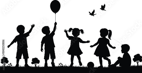 Children silhouettes playing outdoors, balloon, birds flying, sitting child, dancing kids, black vector art, nature, fun, interaction, toy, park scene