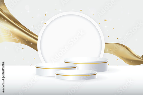 White round podiums on white background with glitters, luxury gold elements and confetti for presentations, demonstrations and advertising. Premium white  podium mockup, Vector (EPS) illustration