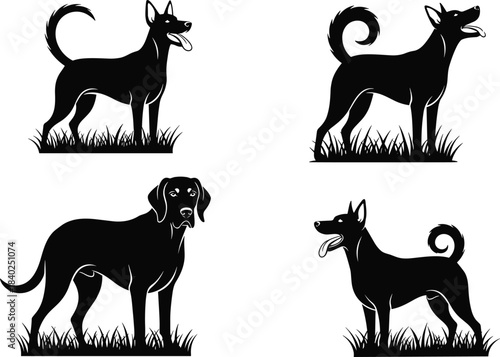 Dog silhouette vector illustration, various breeds, standing on grass, black figures, tail shapes, pet posture, side view, stock artwork, companion animals