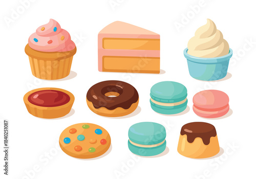 Dessert collection, cupcakes, donuts, ice cream, flat vector illustration