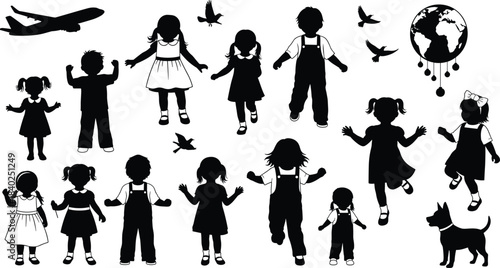 Children silhouette vector illustration, airplane, globe, birds, dog, walking kids, environmental theme, black figures, motion pose, childhood diversity, stock artwork