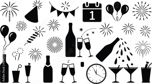 New year celebration icons and symbols silhouette collection