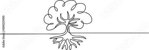 Continuous one-line elegant tree silhouette with wide spreading roots in a minimal style, symbolizing heritage and ancestry, vector illustration