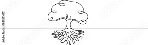 Continuous one-line elegant tree silhouette with wide spreading roots in a minimal style, symbolizing heritage and ancestry, vector illustration