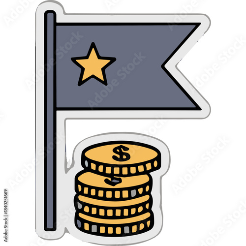 Simple Illustration Of A Gray Flag With A Yellow Star And A Stack Of Gold Coins Representing Success And Wealth