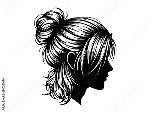 A detailed black and white illustration of a woman's silhouette with a messy bun hairstyle.