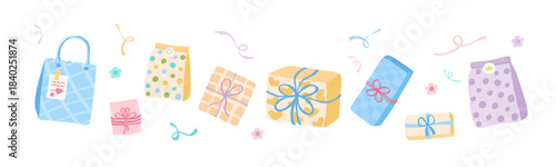 Cute gift boxes set. Vector horizontal holiday banner for birthday, gift giving party.