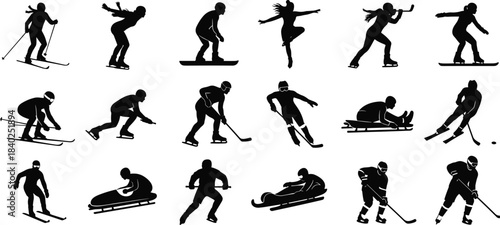 Winter sports silhouette vector, skiing, snowboarding, ice skating, hockey, luge, bobsled, athletes in motion, black figures, dynamic poses, stock illustration