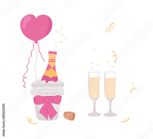 Bottle  rose Champagne wine  in an ice bucket and glasses. Vector illustration isolated on white background. Ideal for party, dating, celebration, holiday designs.