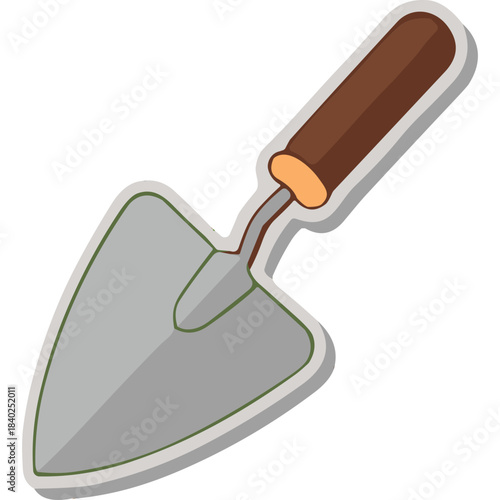 Simple Hand Trowel With Brown Wooden Handle And Metal Blade On A Black Background With White Border And Shadow