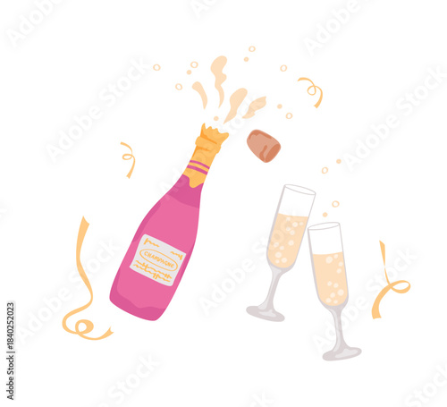 Rose champagne sparkling wine in glasses. Vector illustration isolated on white background. Ideal for party, dating, celebration, holiday designs.