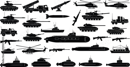 Military equipment silhouette, tanks, helicopters, submarines, missiles, firearms, trucks, ships, black vector illustration, defense hardware, war machines, combat tools