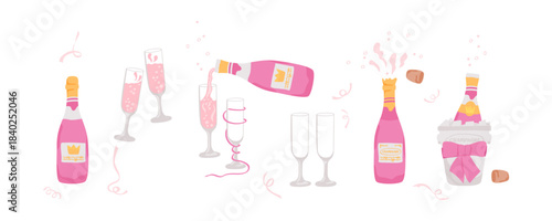 Sparkling wine, champagne bottle, Ice bucket, glasses of champagne isolated on white background. Hand drawn vector illustration set. Festive drink pink collection.