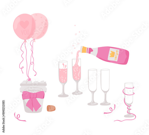 Champagne bottle pouring rose champagne into a glasses. Ice bucket decorated cute pink baloons. Valentine’s Day, Birthday Party, first dating. Vector illustration on a white background.