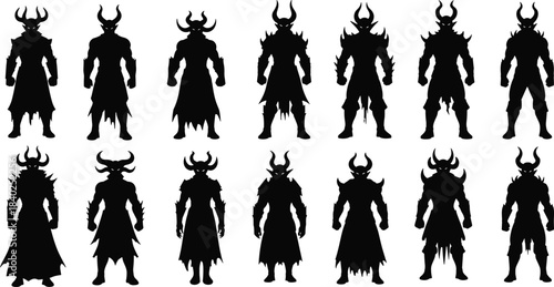 Fantasy warrior silhouette, horned helmet characters, armored figures, mythical fighters, black vector design, character concept, game art, battle pose, minimal style