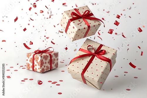 Festive Christmas gift boxes with red ribbons and flying confetti, isolated on a clean white background for holiday celebration visuals.