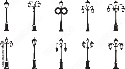 Collection of Black Silhouette Traditional Street Lamps on White Background vector