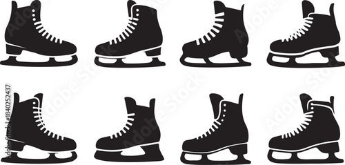 Collection of eight black and white ice skate silhouettes with detailed lacing and blades skates ice skating