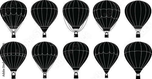 Hot air balloon silhouettes, black vector icons, flying balloon shapes, adventure travel symbols, minimalist graphic design, aerial balloon illustration set