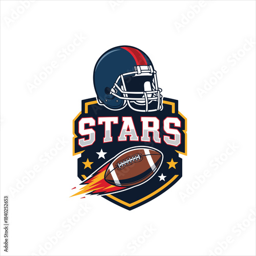 A blue and red football helmet over a shield logo with "STARS" and a fiery football