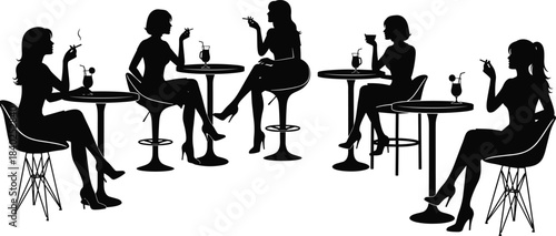 Women drinking coffee, cafe silhouette illustration, female social gathering, black vector art, stylish women seated at tables, beverage enjoyment scene