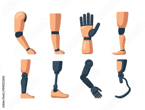 Prosthetic limb collection, flat vector illustration, artificial arm and leg design