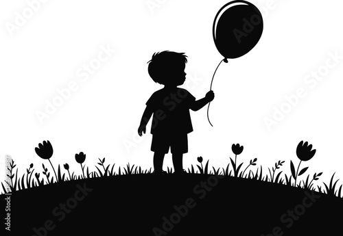 Child Holding Balloon In Grassy Flower Field
