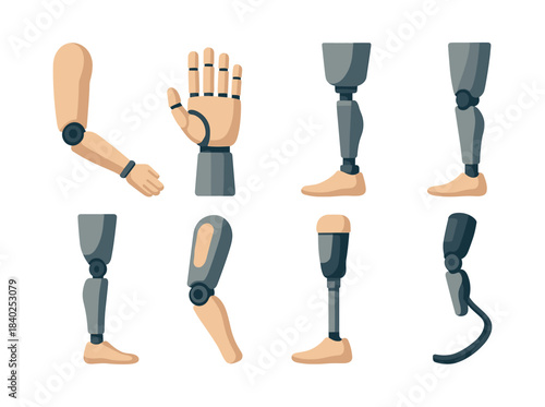 Prosthetic limb collection, artificial arm, flat vector illustration, medical designs