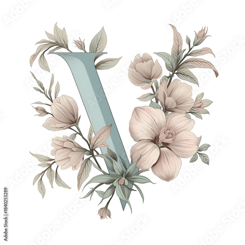 Decorative V alphabet letter adorned with delicate floral elements.