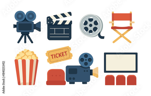 Cinema elements vector illustration, movie icons, pop corn, flat vector style