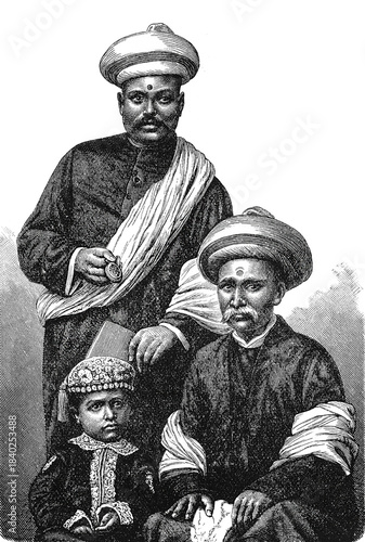 Two turbaned Indian merchants with a child, showing traditional family roles in trade communities, old vintage illustration, 1899