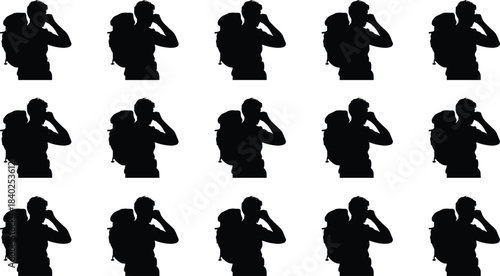 Silhouette of explorer with binoculars, adventure concept, outdoor activity, travel icon, hiking gear, nature observation, seamless pattern, black vector illustration