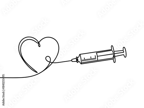 Syringe injecting love symbol with heart-shaped line art design  