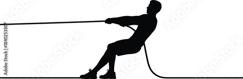 Silhouette person pulling rope, tug-of-war action, black human figure, resistance pose, vector illustration, isolated on white background, physical effort concept