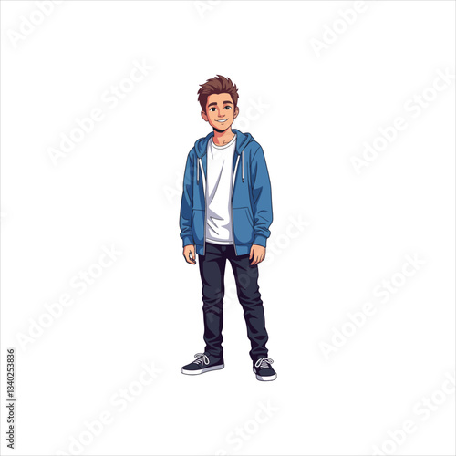 A young man wearing a blue zipped hoodie and jeans