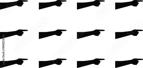 Silhouette hand pointing right, black gesture icon, repeated finger direction, vector illustration, isolated on white background, symbol of guidance