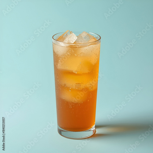 Refreshing orange soda in a tall glass with ice cubes, isolated on solid pastel background.